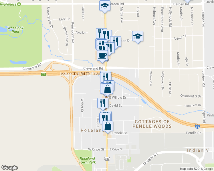 map of restaurants, bars, coffee shops, grocery stores, and more near 508 N Dixie Way in South Bend