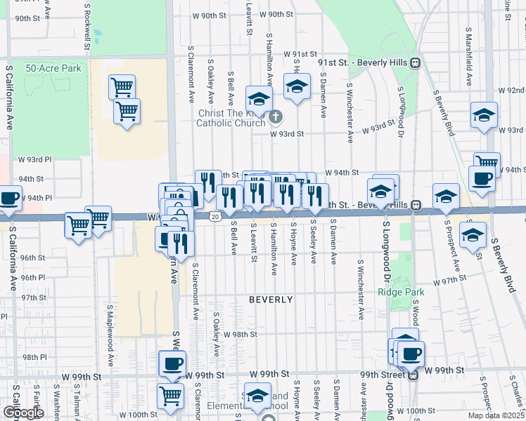 map of restaurants, bars, coffee shops, grocery stores, and more near 2148 West 95th Street in Chicago