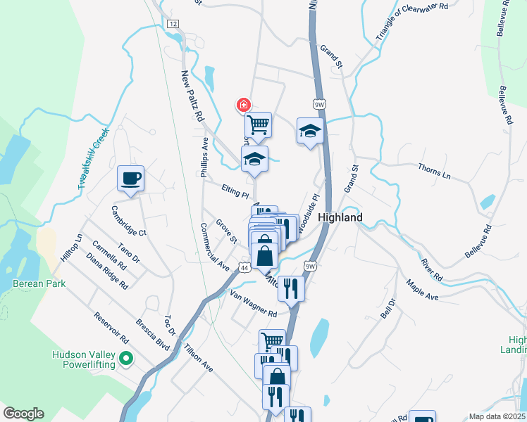 map of restaurants, bars, coffee shops, grocery stores, and more near 49 Main Street in Highland