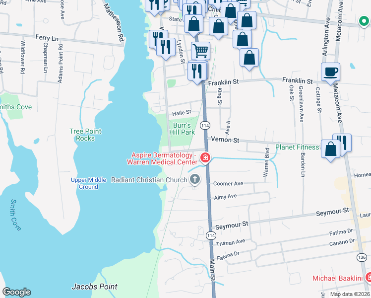 map of restaurants, bars, coffee shops, grocery stores, and more near 31 Bridge Street in Warren