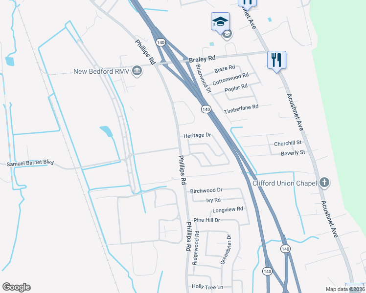 map of restaurants, bars, coffee shops, grocery stores, and more near 1978 Phillips Road in New Bedford