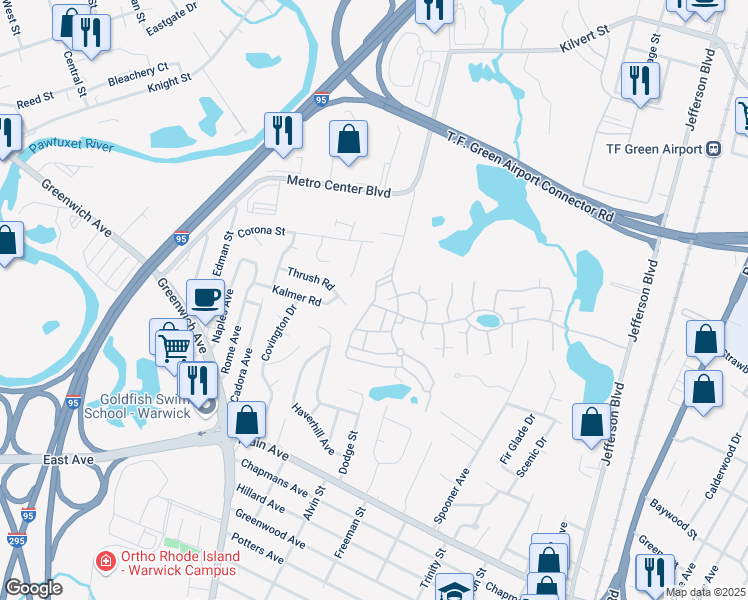 map of restaurants, bars, coffee shops, grocery stores, and more near 988 Great Hill Drive in Warwick