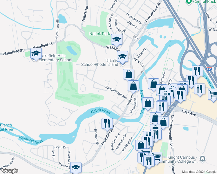 map of restaurants, bars, coffee shops, grocery stores, and more near 73 Prospect Hill Avenue in West Warwick