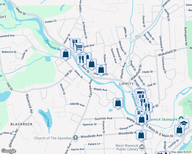 map of restaurants, bars, coffee shops, grocery stores, and more near 5 Pleasant Street in West Warwick