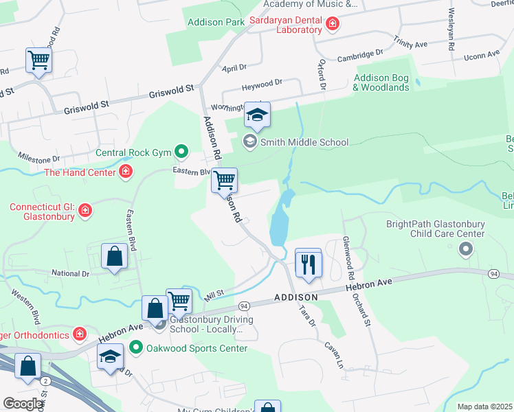 map of restaurants, bars, coffee shops, grocery stores, and more near 38 Addison Pond Road in Glastonbury