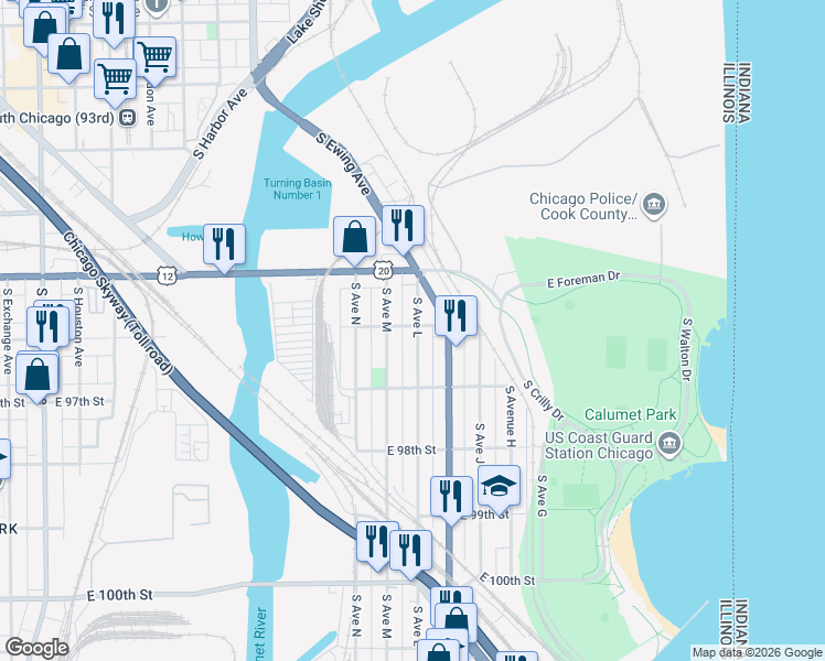 map of restaurants, bars, coffee shops, grocery stores, and more near 9612 South Avenue L in Chicago