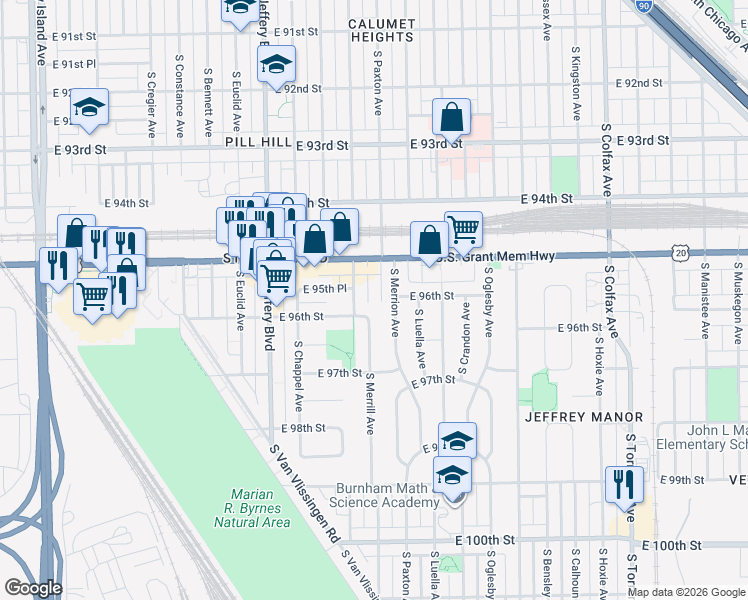 map of restaurants, bars, coffee shops, grocery stores, and more near 9547 South Clyde Avenue in Chicago