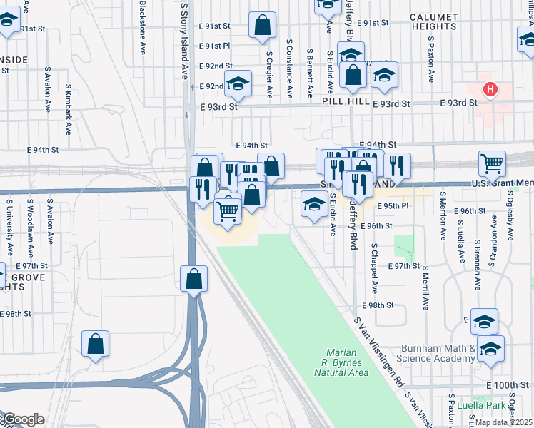 map of restaurants, bars, coffee shops, grocery stores, and more near 95TH East Streeter Street in Chicago