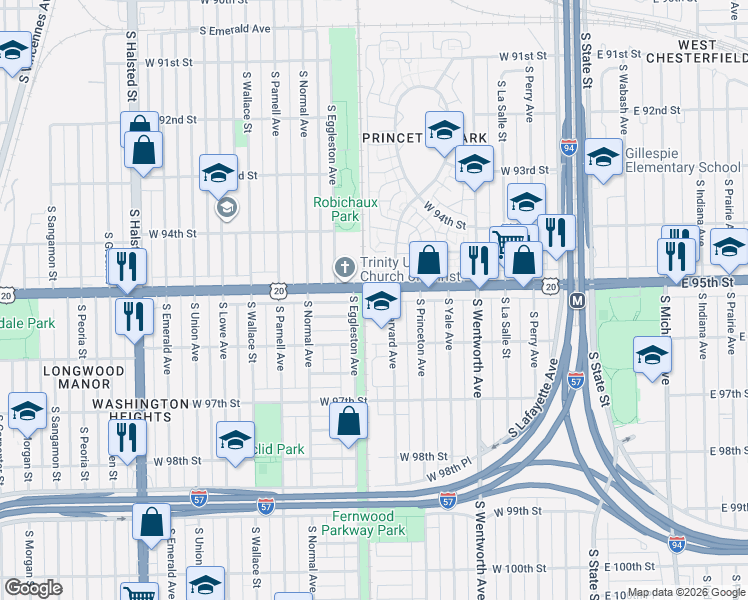 map of restaurants, bars, coffee shops, grocery stores, and more near 9514 South Harvard Avenue in Chicago