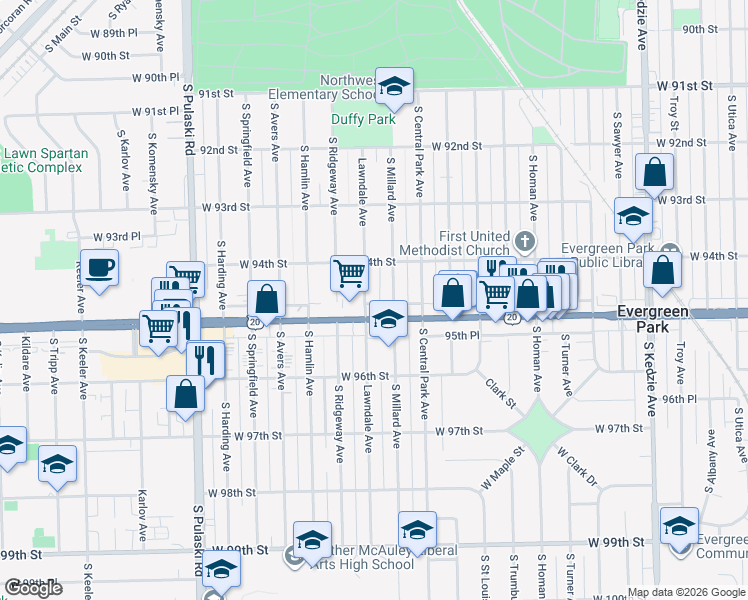 map of restaurants, bars, coffee shops, grocery stores, and more near 3656 95th Street in Evergreen Park