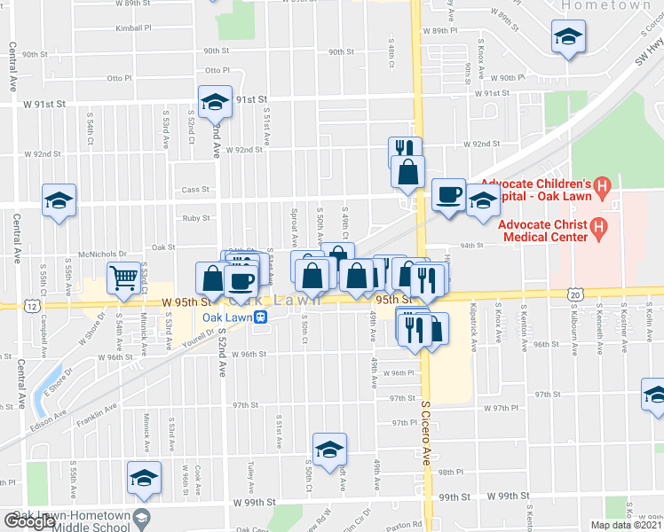 map of restaurants, bars, coffee shops, grocery stores, and more near 4941 Columbus Drive in Oak Lawn