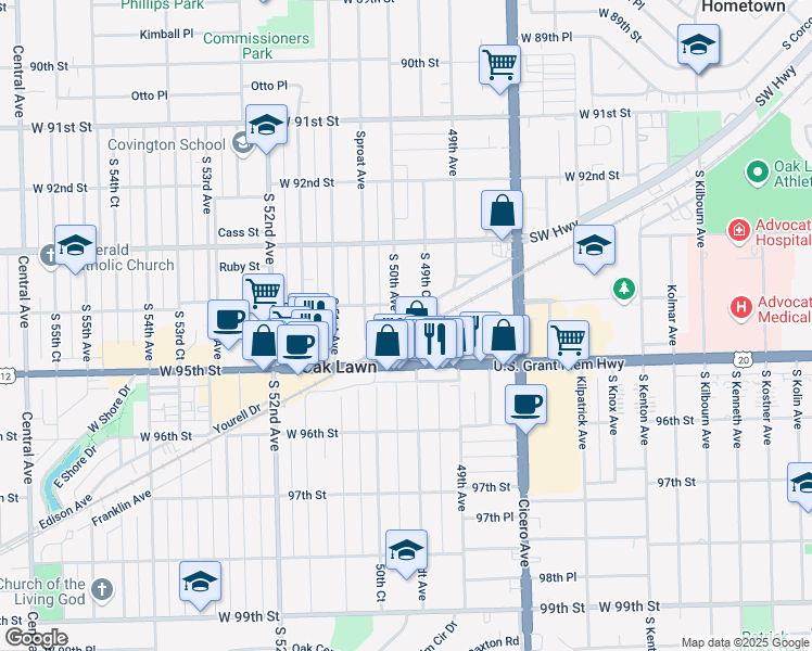 map of restaurants, bars, coffee shops, grocery stores, and more near 4941 Columbus Drive in Oak Lawn