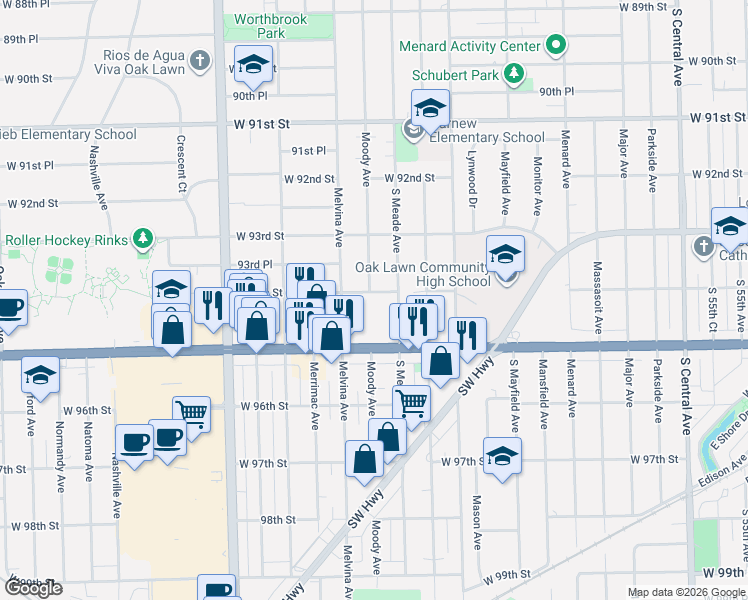 map of restaurants, bars, coffee shops, grocery stores, and more near 6135 94th Street in Oak Lawn