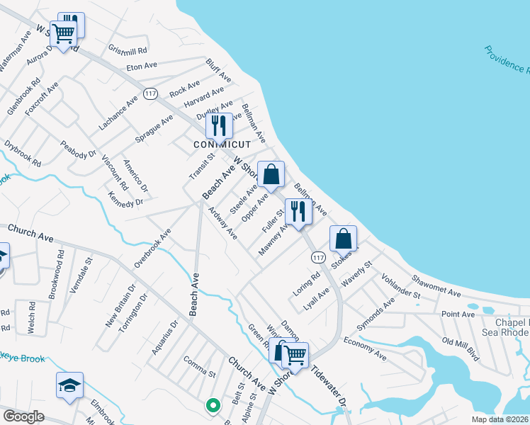 map of restaurants, bars, coffee shops, grocery stores, and more near 871 West Shore Road in Warwick