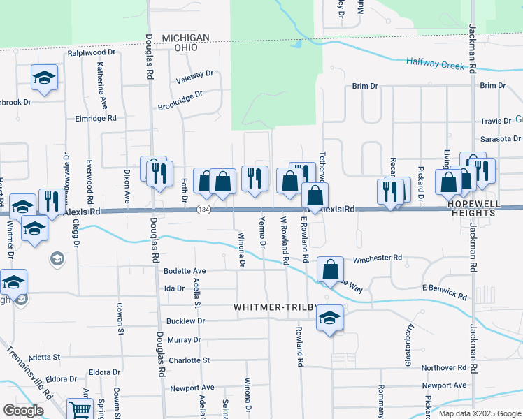 map of restaurants, bars, coffee shops, grocery stores, and more near W Alexis Rd & Yermo Dr in Toledo