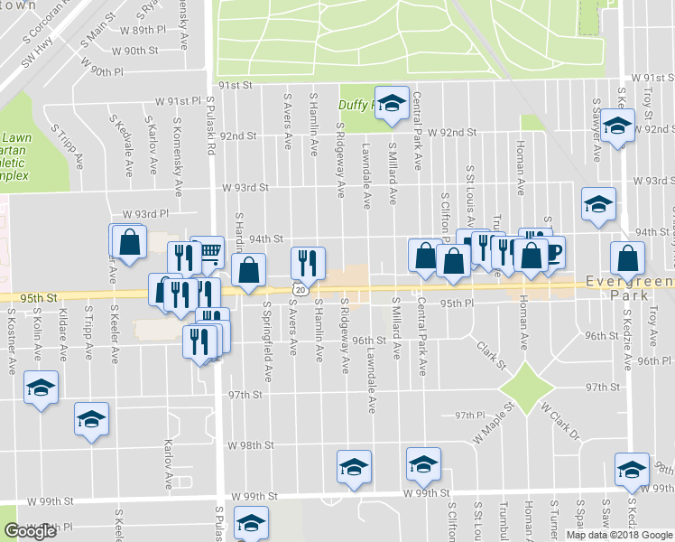 map of restaurants, bars, coffee shops, grocery stores, and more near 9446 South Ridgeway Avenue in Evergreen Park