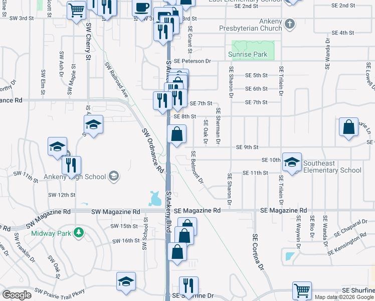 map of restaurants, bars, coffee shops, grocery stores, and more near 201 Southeast 9th Street in Ankeny