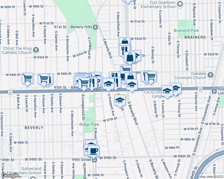 map of restaurants, bars, coffee shops, grocery stores, and more near 1700 West 95th Street in Chicago