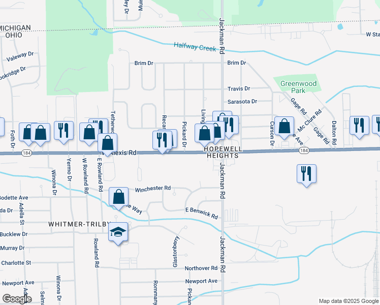 map of restaurants, bars, coffee shops, grocery stores, and more near 1801 West Alexis Road in Toledo