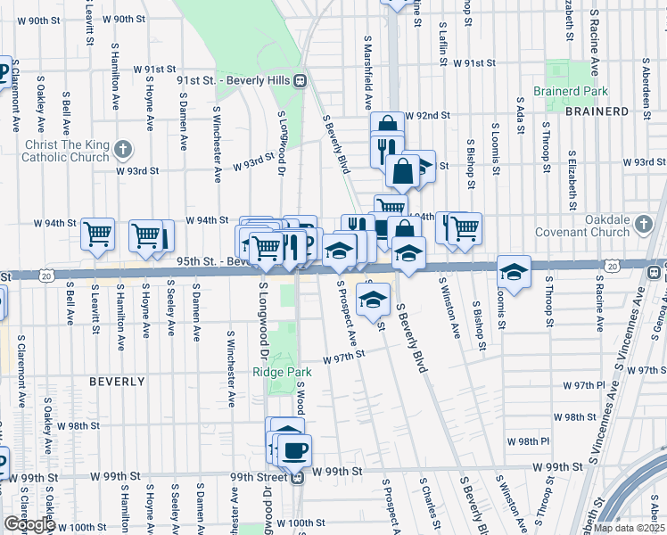 map of restaurants, bars, coffee shops, grocery stores, and more near 1724 West 95th Street in Chicago