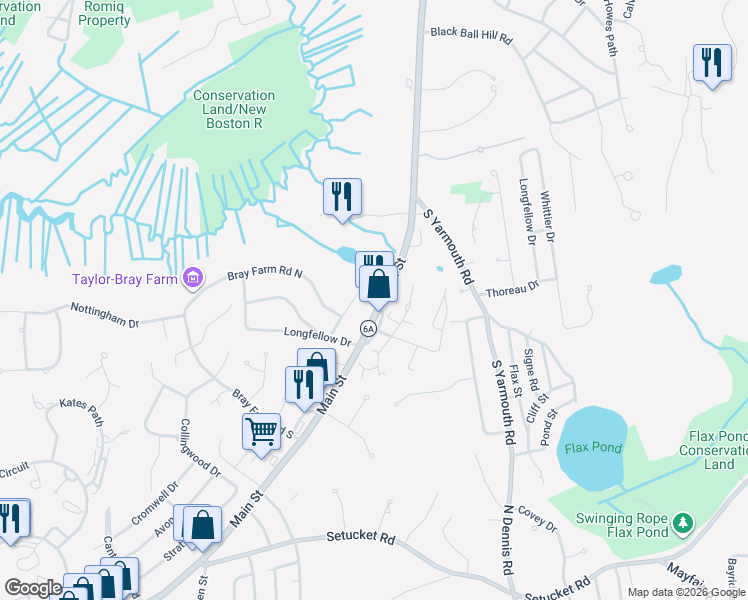 map of restaurants, bars, coffee shops, grocery stores, and more near 120 Main Street in Dennis