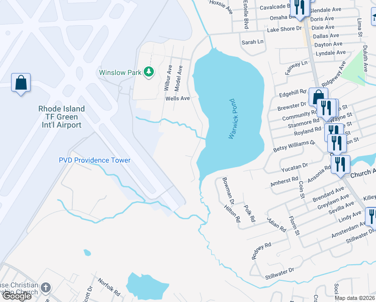 map of restaurants, bars, coffee shops, grocery stores, and more near 106 Early Avenue in Warwick