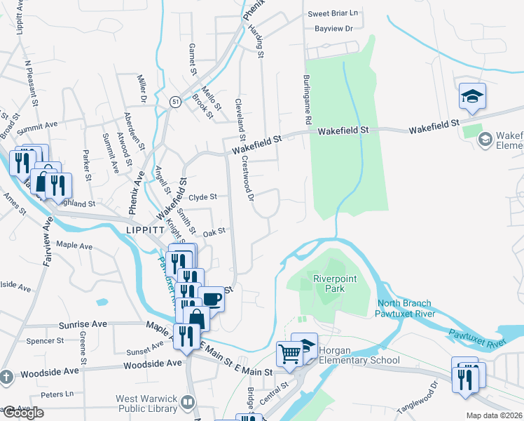 map of restaurants, bars, coffee shops, grocery stores, and more near 73 Crestwood Drive in West Warwick