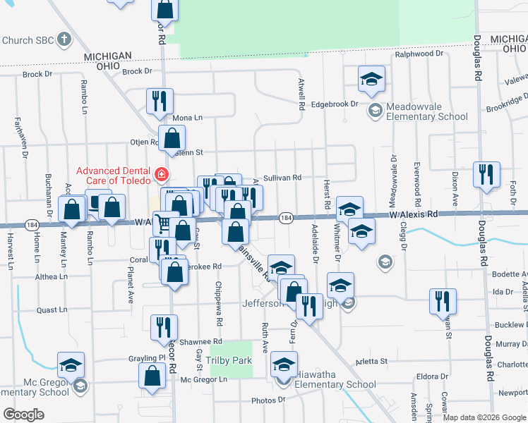 map of restaurants, bars, coffee shops, grocery stores, and more near 3058 West Alexis Road in Toledo