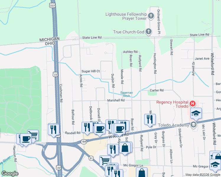 map of restaurants, bars, coffee shops, grocery stores, and more near 5842 Durbin Road in Sylvania
