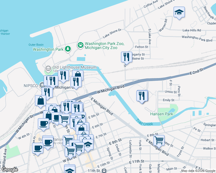 map of restaurants, bars, coffee shops, grocery stores, and more near W Michigan Blvd in Michigan City