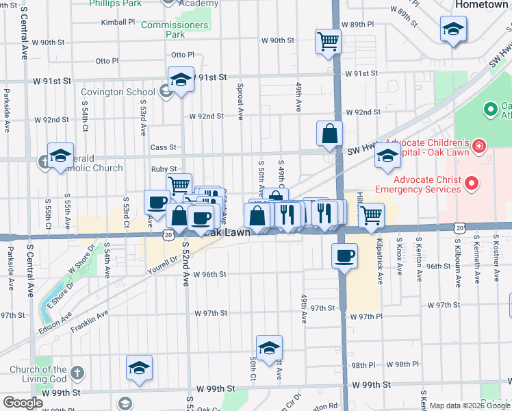map of restaurants, bars, coffee shops, grocery stores, and more near 4941 Columbus Drive in Oak Lawn