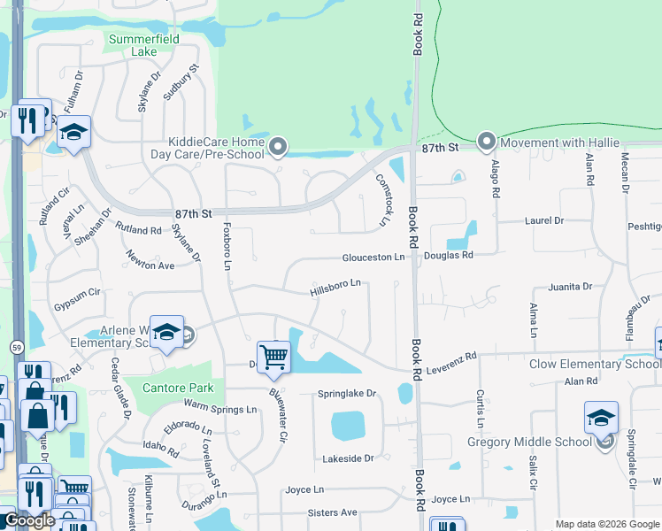 map of restaurants, bars, coffee shops, grocery stores, and more near 2252 Glouceston Lane in Naperville
