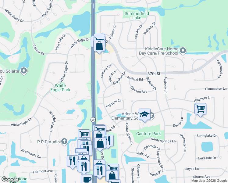 map of restaurants, bars, coffee shops, grocery stores, and more near 2939 White Thorn Circle in Naperville