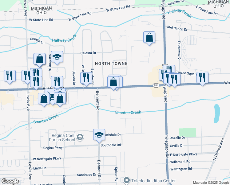 map of restaurants, bars, coffee shops, grocery stores, and more near 337 West Alexis Road in Toledo