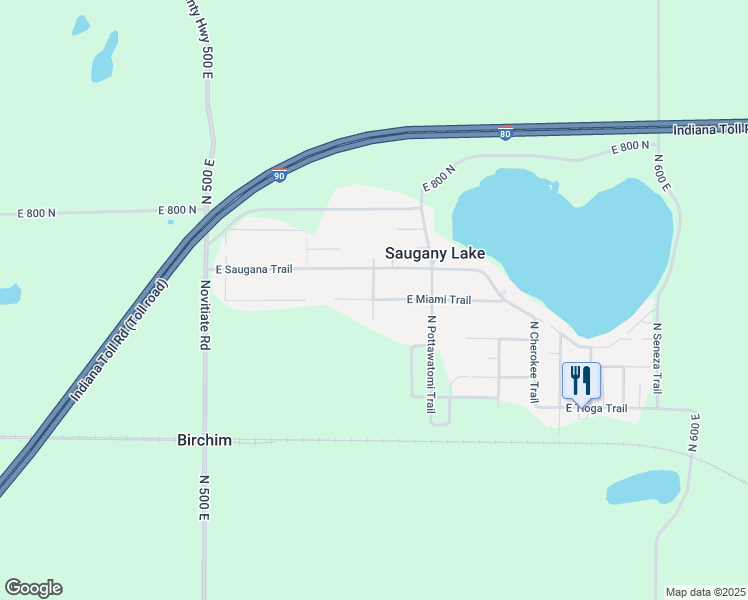 map of restaurants, bars, coffee shops, grocery stores, and more near 5500 East Miami Trail in Rolling Prairie