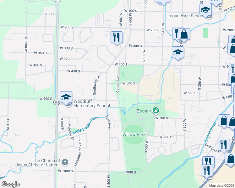 map of restaurants, bars, coffee shops, grocery stores, and more near 553 Center Avenue in Logan