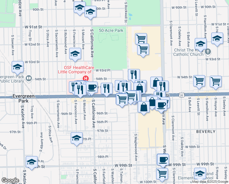 map of restaurants, bars, coffee shops, grocery stores, and more near in Evergreen Park