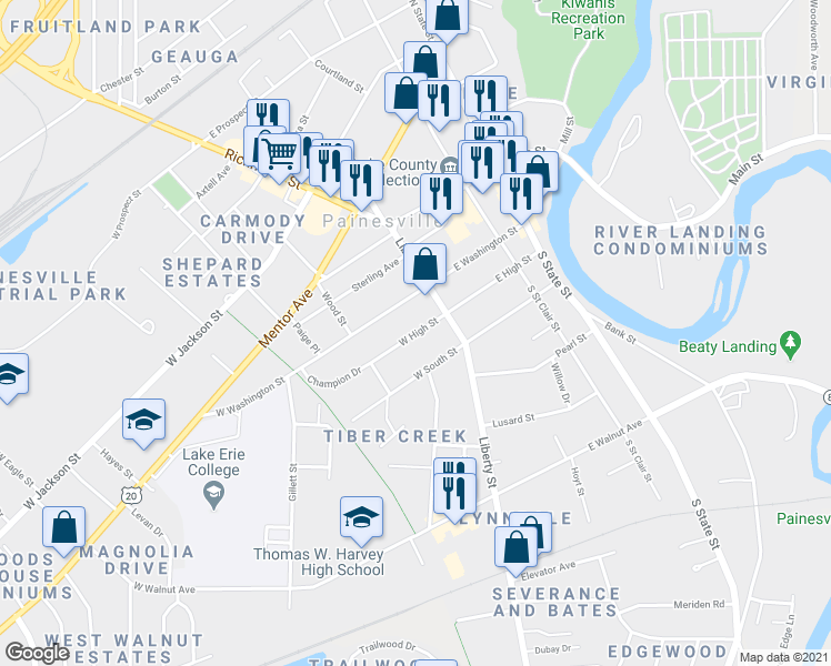 map of restaurants, bars, coffee shops, grocery stores, and more near 58 West High Street in Painesville