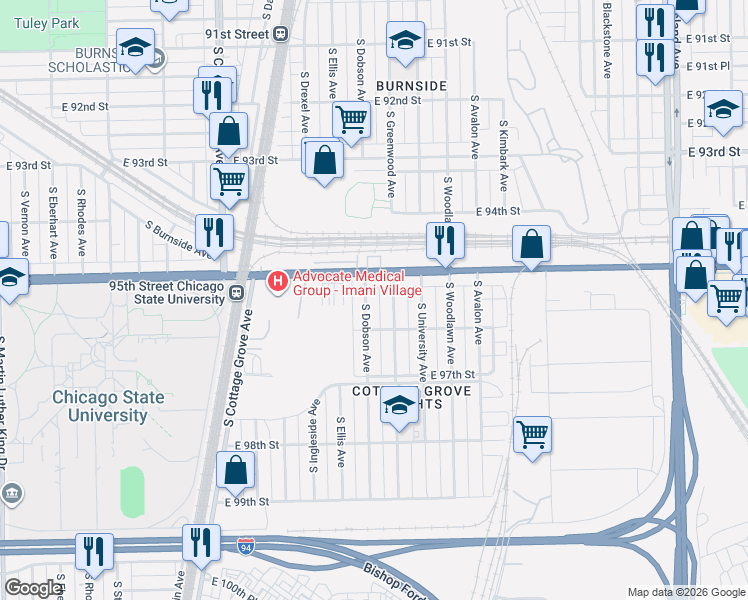 map of restaurants, bars, coffee shops, grocery stores, and more near 9536 South Dobson Avenue in Chicago