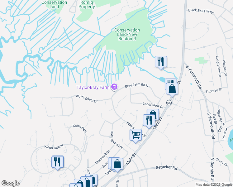 map of restaurants, bars, coffee shops, grocery stores, and more near 103 Bray Farm Road North in Yarmouth
