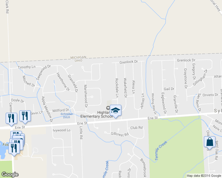 map of restaurants, bars, coffee shops, grocery stores, and more near 7720 Erie Street in Sylvania