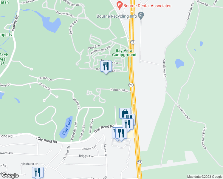 map of restaurants, bars, coffee shops, grocery stores, and more near 1 Harbor Hill Drive in Bourne