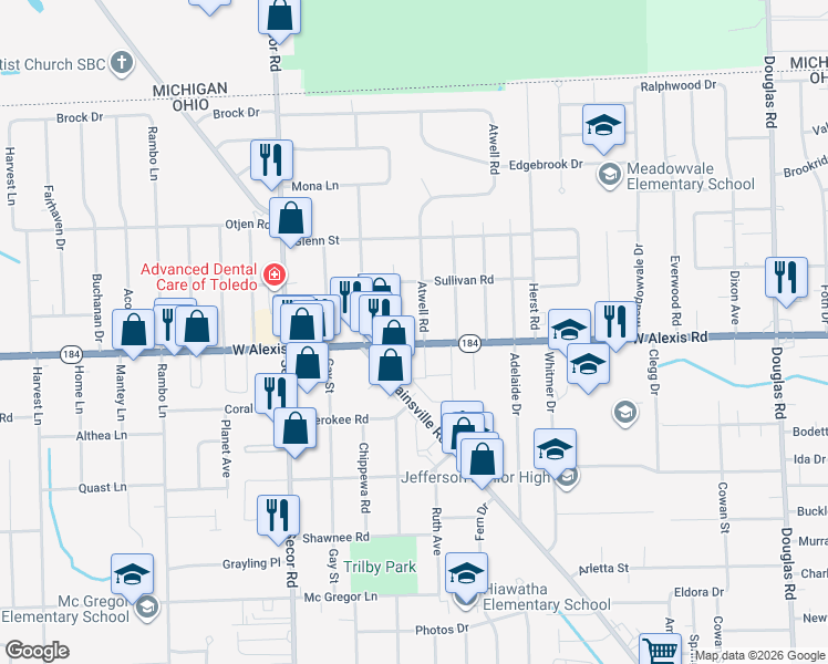map of restaurants, bars, coffee shops, grocery stores, and more near 3058 West Alexis Road in Toledo