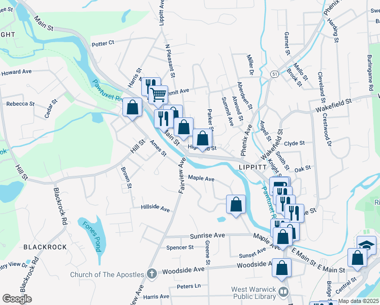 map of restaurants, bars, coffee shops, grocery stores, and more near 5 Pleasant Street in West Warwick