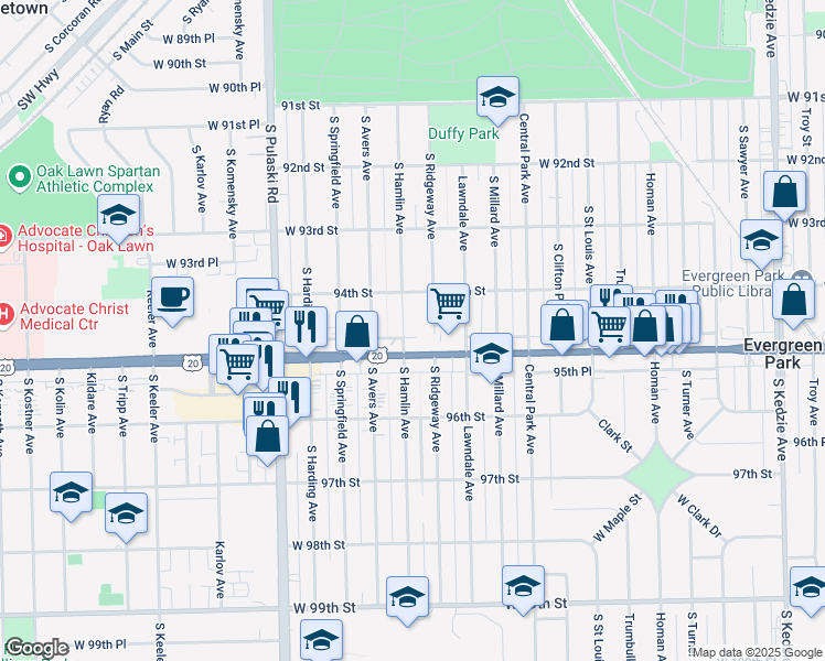map of restaurants, bars, coffee shops, grocery stores, and more near 9446 South Ridgeway Avenue in Evergreen Park