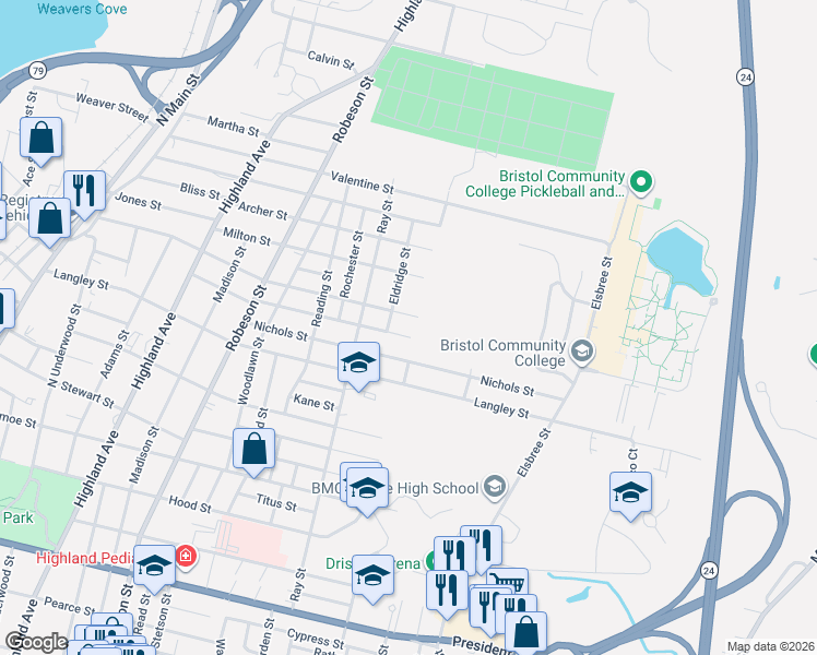 map of restaurants, bars, coffee shops, grocery stores, and more near 500 Albany Street in Fall River