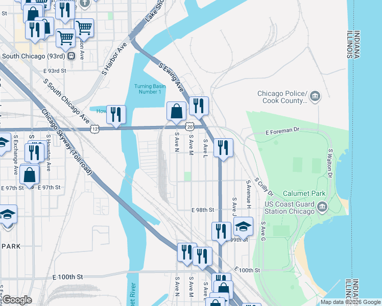 map of restaurants, bars, coffee shops, grocery stores, and more near 9600 South Avenue M in Chicago