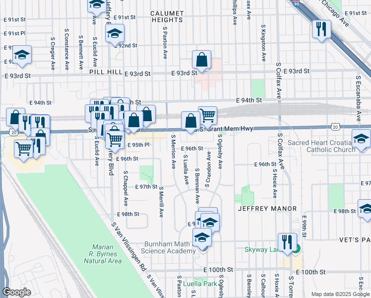 map of restaurants, bars, coffee shops, grocery stores, and more near South Luella Avenue & East 96th Street in Chicago