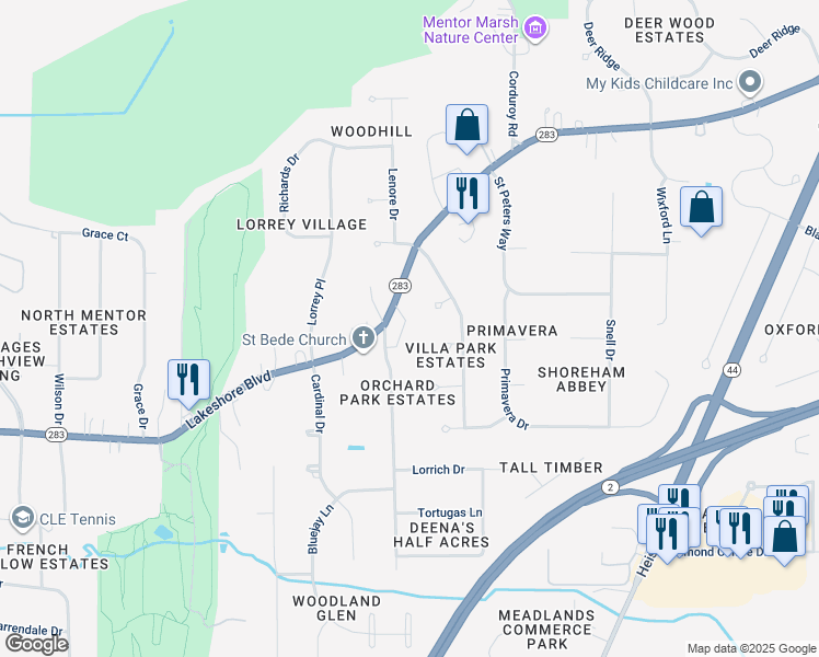 map of restaurants, bars, coffee shops, grocery stores, and more near 9150 Lakeshore Boulevard in Mentor