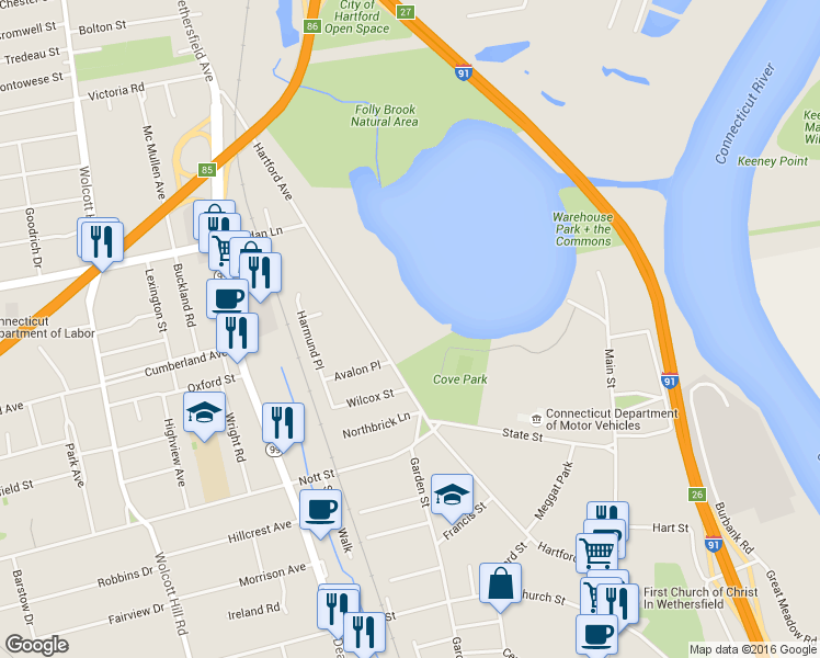 map of restaurants, bars, coffee shops, grocery stores, and more near 286 Hartford Avenue in Wethersfield